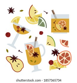 Christmas mulled white wine with citrus fruit, apple, cinnamon, clove, cardamom, anise. Winter hot drink. Sangria, apple cider. Traditional xmas beverage. Vector flat cartoon illustration