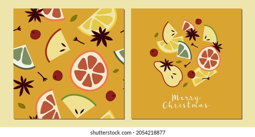 Christmas mulled white wine, citrus fruit, apple, cinnamon, clove, cardamom, anise. Autumn, winter hot drink in glass. Sangria, cider. Traditional xmas beverage. Vector flat cartoon seamless pattern