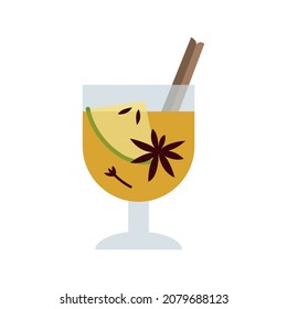 Christmas mulled white wine with citrus fruit, apple, cinnamon, clove, cardamom, anise. Winter hot drink. Sangria, apple cider. Traditional xmas beverage. Vector flat cartoon illustration