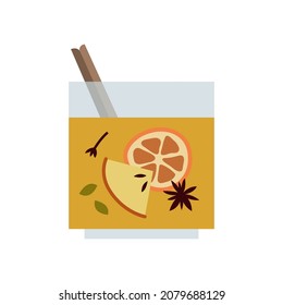Christmas mulled white wine with citrus fruit, apple, cinnamon, clove, cardamom, anise. Winter hot drink. Sangria, apple cider. Traditional xmas beverage. Vector flat cartoon illustration