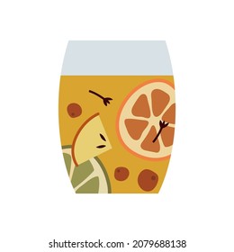 Christmas mulled white wine with citrus fruit, apple, cinnamon, clove, cardamom, anise. Winter hot drink. Sangria, apple cider. Traditional xmas beverage. Vector flat cartoon illustration