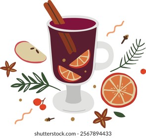 Christmas mulled wine with cinnamon, anise, orange, in glass cup. Cute illustration of hot drink, spices and christmas decorations
