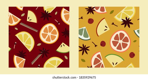 Christmas mulled wine with citrus fruit, apple, cinnamon, clove, cardamom, anise. Red and white wine, sangria, apple cider. Winter hot drink. Traditional xmas beverage. Vector cartoon seamless pattern