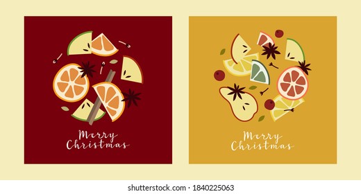 Christmas mulled wine with citrus fruit, apple, cinnamon, clove, cardamom, anise. Red and white wine, sangria, apple cider. Winter hot drink. Traditional xmas beverage. Vector flat cartoon art