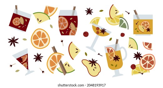 Christmas Mulled Wine With Citrus Fruit, Apple, Cinnamon, Clove, Cardamom And Anise. Winter Hot Drink In Glass. Sangria, Apple Cider. Traditional Xmas Beverage. Vector Illustration, Flat Cartoon Style