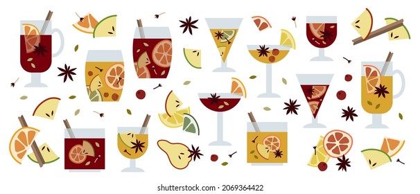 Christmas mulled wine with citrus fruit, apple, cinnamon, clove, cardamom and anise. Winter hot drink in glass. Sangria, apple cider. Traditional xmas beverage. Vector illustration, flat cartoon style