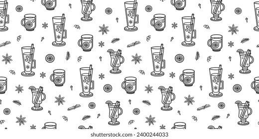 Christmas mulled wine seamless pattern. Gluhwein. Linear spices, snowflakes, doodles, icons. Outline wallpaper, background, wrapping paper.