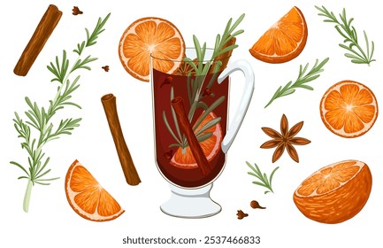 Christmas mulled wine set. Sliced orange, cinnamon, clove, cardamom, anise, rosemary. Winter hot drink in glass. Sangria, cider, gluhwein. Traditional xmas beverage. Vector hand drawn illustration