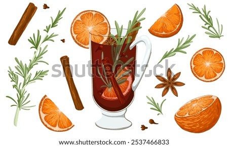 Christmas mulled wine set. Sliced orange, cinnamon, clove, cardamom, anise, rosemary. Winter hot drink in glass. Sangria, cider, gluhwein. Traditional xmas beverage. Vector hand drawn illustration