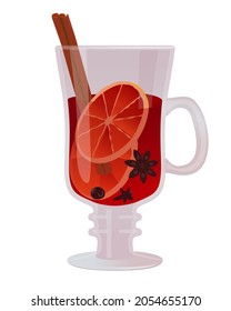 Christmas mulled wine with spices and fruits in footed mug. Traditional winter hot beverage. Vector