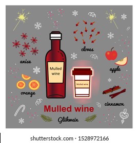 Christmas mulled wine and spices ingredients illustration set. Bottle with cup. Cinnamon, oranges, cloves, anise, apples. Classical winter hot drink. Gluhwein in Germany. Flat Vector illustration. 