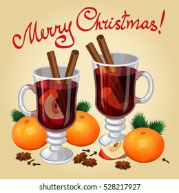 Christmas mulled wine with spices, mandarines, anise and cinnamon sticks, traditional christmas drink. Vector illustration
