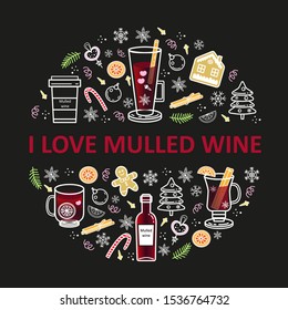 Christmas mulled wine and spices poster template. Big Christmas elements collection of symbols and icons, circle illustration for menu. 
Suitable for poster, banner, background, labels, logo, icons.
