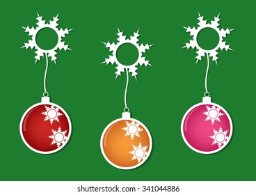 Christmas multicolor balls with white snows on green background. Vector illustration design. 