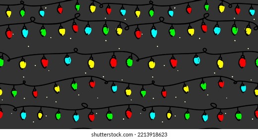 Christmas multi-color string lights garland background. Winter holiday outdoor decoration vector seamless pattern with dark background and colorful fairy lights.