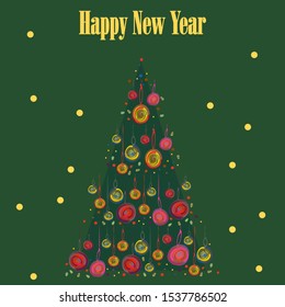 Christmas multicolored balls on Christmas tree, confetti on warm green background. Holiday design for greeting card for Christmas and New Year. Vector illustration, New Year elements for banner design