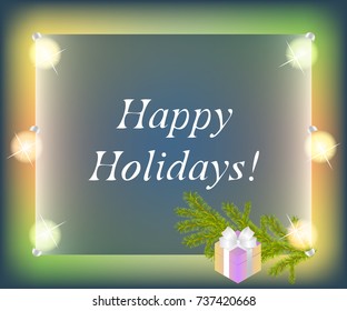 Christmas multicolored frame with light bulbs, spruce branch and gift