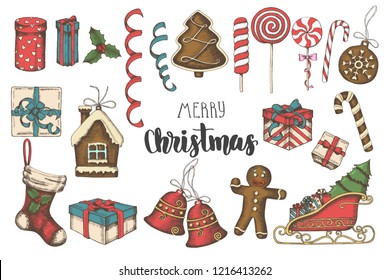 Christmas multicolored hand drawn objects Set. Gingerbread,lollipops,gifts,bells, serpentine,Santa's sleigh, sock isolated on white. Sketch. Hand drawn lettering. Merry Christmas and Happy New Year.