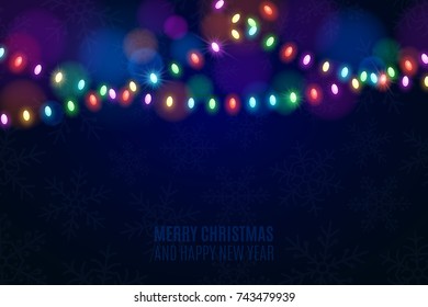 Christmas multicolored lights on a dark background. Snowflakes on the background. Celebratory background. Multicolored glare. Glowing garlands. Luminous oval light bulbs. Vector illustration - Powered by Shutterstock - Get 15% off with code: PIKWIZARD15