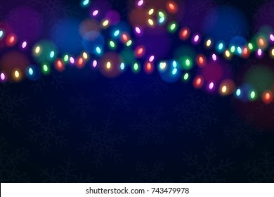 Christmas multicolored lights on a dark background. Snowflakes on the background. Celebratory background. Glowing garlands. Luminous oval light bulbs. Vector illustration