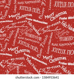 Christmas Multilingual Greetings on Red Background. Holiday pattern template.