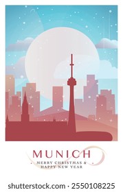 Christmas Munich retro poster for winter festives, New Year. Greetings, happy holidays and merry xmas from Germany vector postcard layout