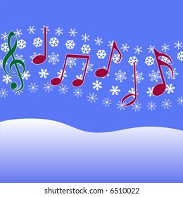 Christmas music in the air. Musical Notes, symbol of Christmas carols and other Christmas music, on a winter snow fall.