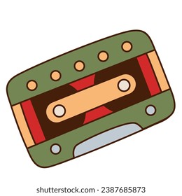 Christmas music cassette isolated on a white background. Merry Christmas and Happy New Year groovy sticker. Funny retro flat cartoon element in trendy 60s-70s style. 