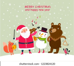 Christmas music. Holidays greeting card with Santa