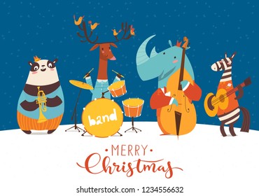 Christmas music jazz party cartoon poster. Vector music poster with cartoon animals musicians playing musical instruents. Jazz concert poster.