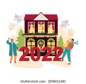 Christmas music jazz party cartoon poster. Vector music poster with cartoon man playing the saxophone and dancing woman. People are preparing for New Year. Inscription New Year 2022. Christmas city.