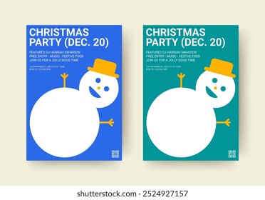 Festa noturna de música de Natal modelo de design de panfleto moderno mínimo conjunto vetor ilustração plana. Feliz Ano Novo evento de férias comemoração anúncio convite com boneco de neve personagem Xmas