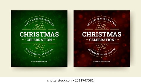 Christmas music party event celebration social media post design template set vector illustration. Xmas New Year musical disco festival red green squared flyer with snowflake glow spark bokeh