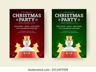 Christmas music party festival event flyer design template set realistic vector illustration. Happy New Year Xmas winter holiday festive celebrate promo poster with snowman spruce toy in sack