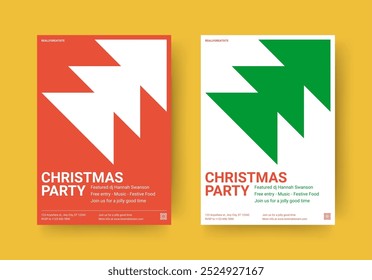 Christmas music party minimal geometric flyer design template set vector flat illustration. Xmas New Year winter holiday festive celebration event announce modern greeting poster with spruce fir tree