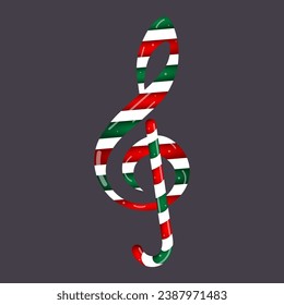 Christmas music treble clef, festive musical key, isolated vector illustration.