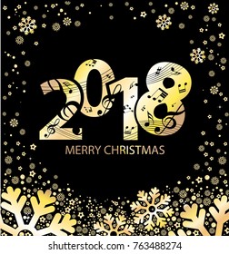 Christmas musical background with golden snowflakes and notes on black