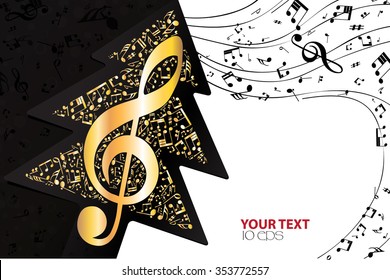 Christmas musical black background with gold Christmas tree