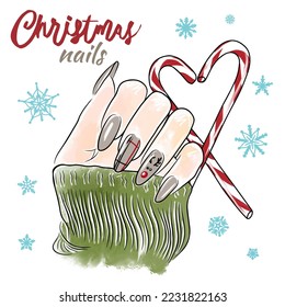 Christmas nails, hand drawn, bright design of long nails, manicure on the background of snowflakes