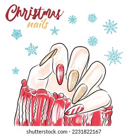 Christmas nails in red colour, hand drawn, manicure on the background of snowflakes