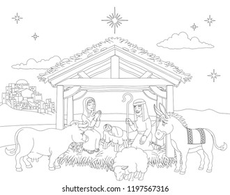 A Christmas nativity coloring scene cartoon  and baby Jesus  Mary   Joseph in the manger and donkey   other animals  The City Bethlehem   star above  Christian religious illustration 