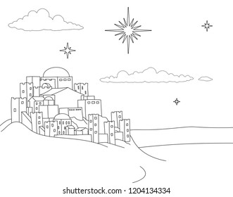 Dibujo navideño colorante, con la ciudad de Belén y la estrella de arriba. Ilustración religiosa cristiana.