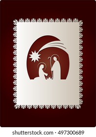 Christmas nativity Holy family scene paper cut out, on red background, with copy space for text.
