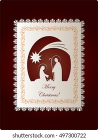 Christmas nativity Holy family scene paper cut out, on red background, with copy space for text.