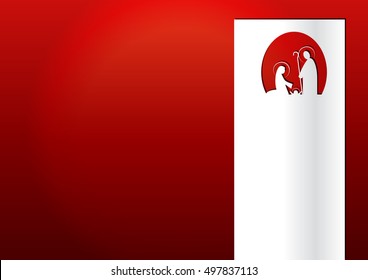Christmas nativity Holy family scene paper cut out, on red background, with copy space for text.