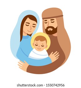 Christmas Nativity illustration with Mary and Joseph hugging baby Jesus. Cute and simple cartoon vector drawing.