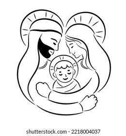 Christmas Nativity illustration with Mary and Joseph hugging baby Jesus