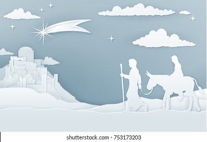A Christmas Nativity illustration of Mary and Joseph on their journey with shooting star and city of Bethlehem in the background. Vintage paper art style.