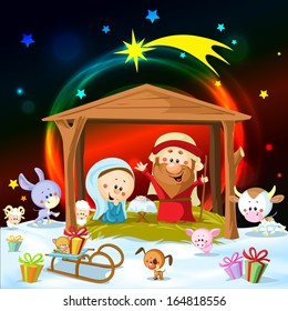 christmas nativity with lights and cute animals