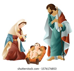 Christmas nativity. Mary, Joseph and baby Jesus graphic vector